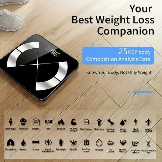 Black glass smart digital scale with LED display and Bluetooth connectivity for body weight data on Tampa Home & Garden Store