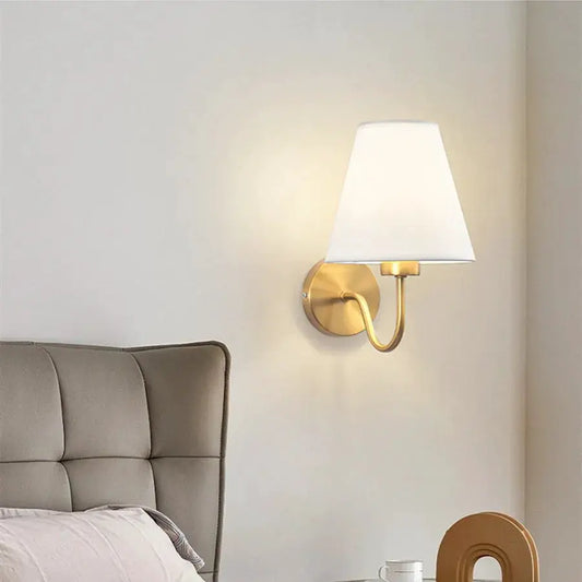 Modern Fabric Wall Lamp Bedside Sconce by Moktan Sabai, brass backplate, white shade on Tampa Home & Garden Store