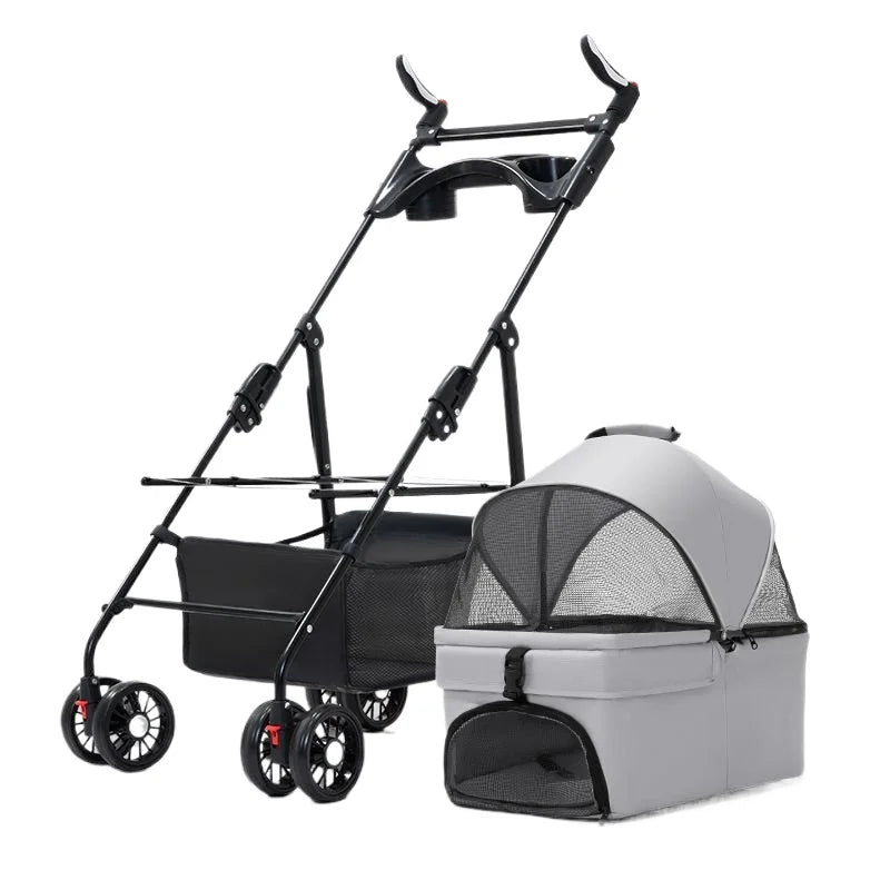 Pet Zen 3 in 1 folding dog stroller with detachable carrier, black frame and grey mesh carrier on Tampa Home & Garden Store
