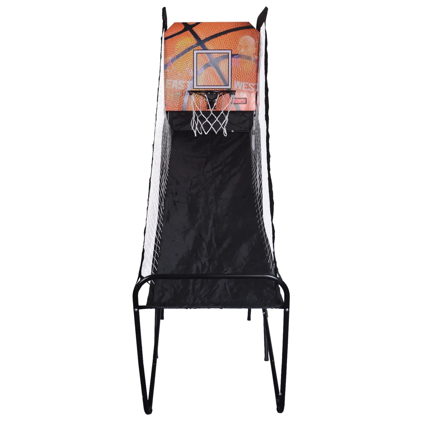 Foldable single-hoop basketball arcade machine with orange backboard and black frame on Tampa Home & Garden Store