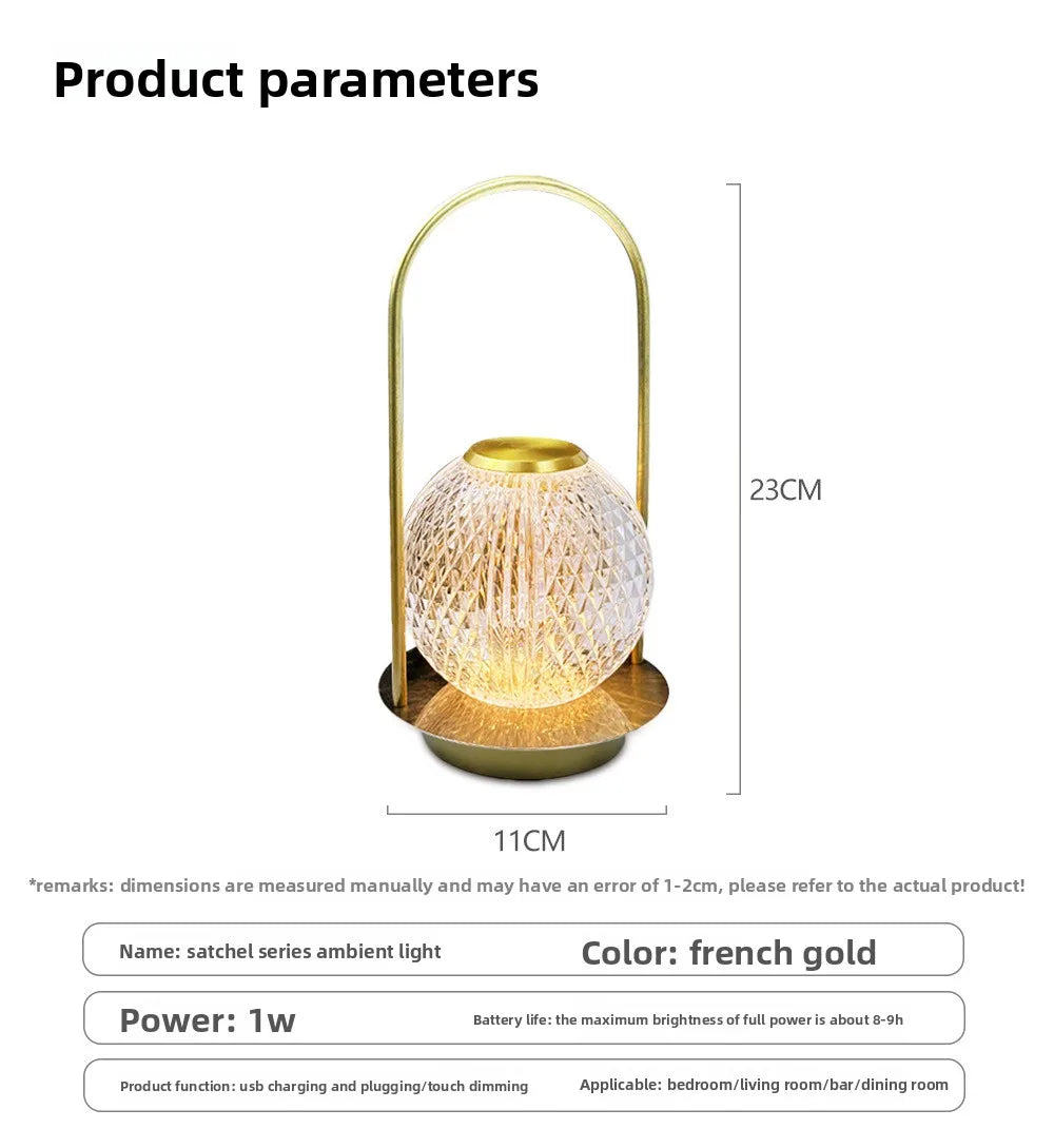 Portable metal LED desk lamp with gold finish and textured glass orb, USB rechargeable on Tampa Home & Garden Store