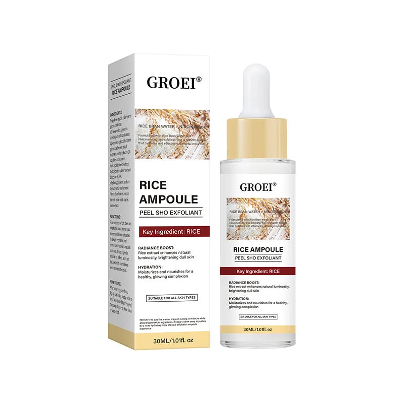 GROEI Rice Ampoule Peel Sho Exfoliant bottle and box, white bottle with gold cap, 30mL on Tampa Home & Garden Store