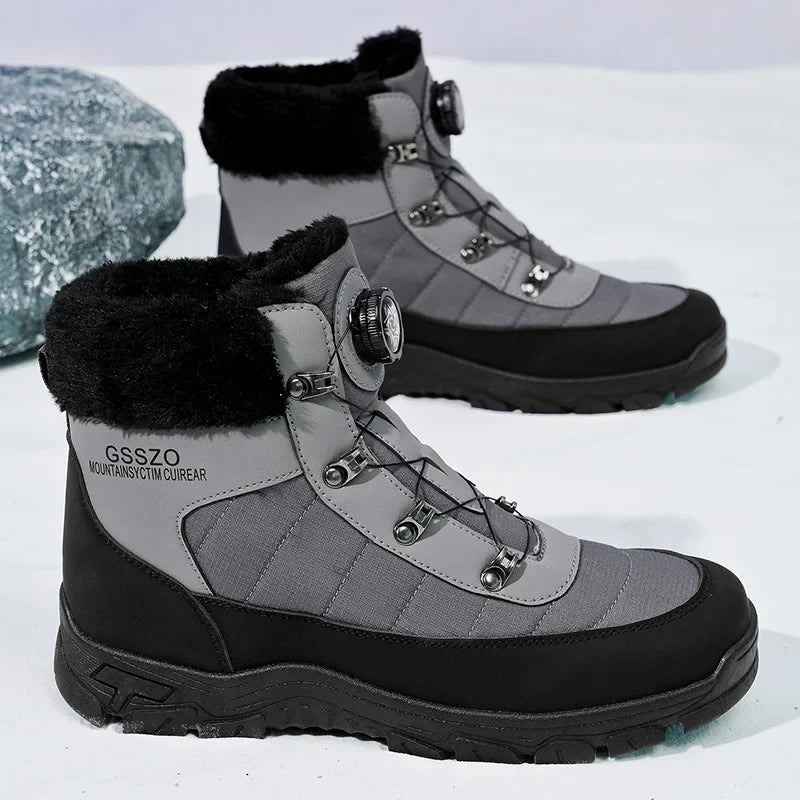 Mens winter snow boots grey pair with black trim and fur collar, lug sole UpTrend Deals on Tampa Home & Garden Store