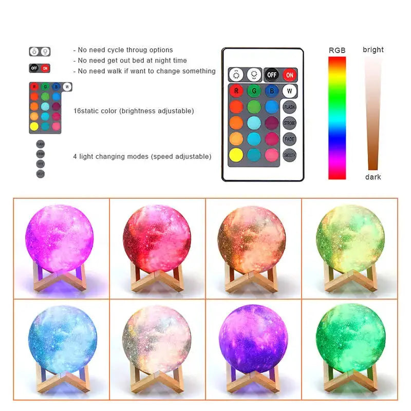 3D Moon Lamp LED Night Light with 16 color modes, remote, wooden stand, nine colors displayed on Tampa Home & Garden Store