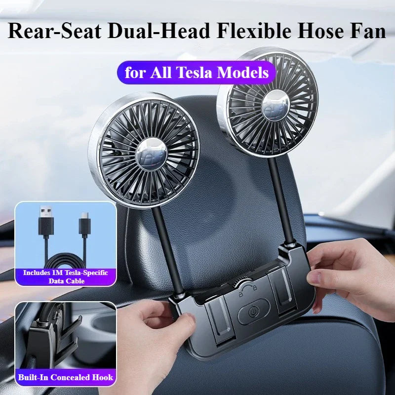 Comfort Breeze | Dual-Head Rear Seat Fan with 360° Rotation & USB-C Charging | Adjustable Airflow for Passenger Comfort