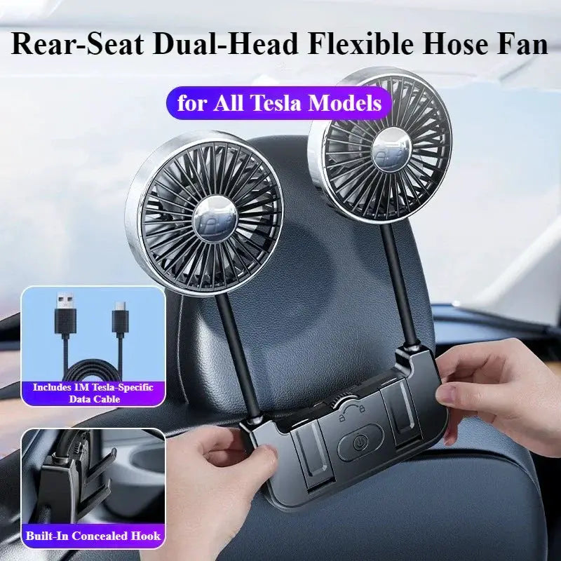 Comfort Breeze Dual-Head Rear Seat Fan, Moktan Sabai, black USB-C twin fans with concealed hook on Tampa Home & Garden Store