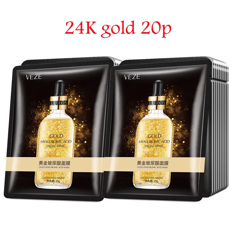 VEZE gold hyaluronic acid facial masks two-pack in black pouches with gold bottle image on Tampa Home & Garden Store