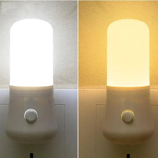 Led night light plug-in wall lamp with cylindrical diffuser in white and warm white settings two views on Tampa Home & Garden Store