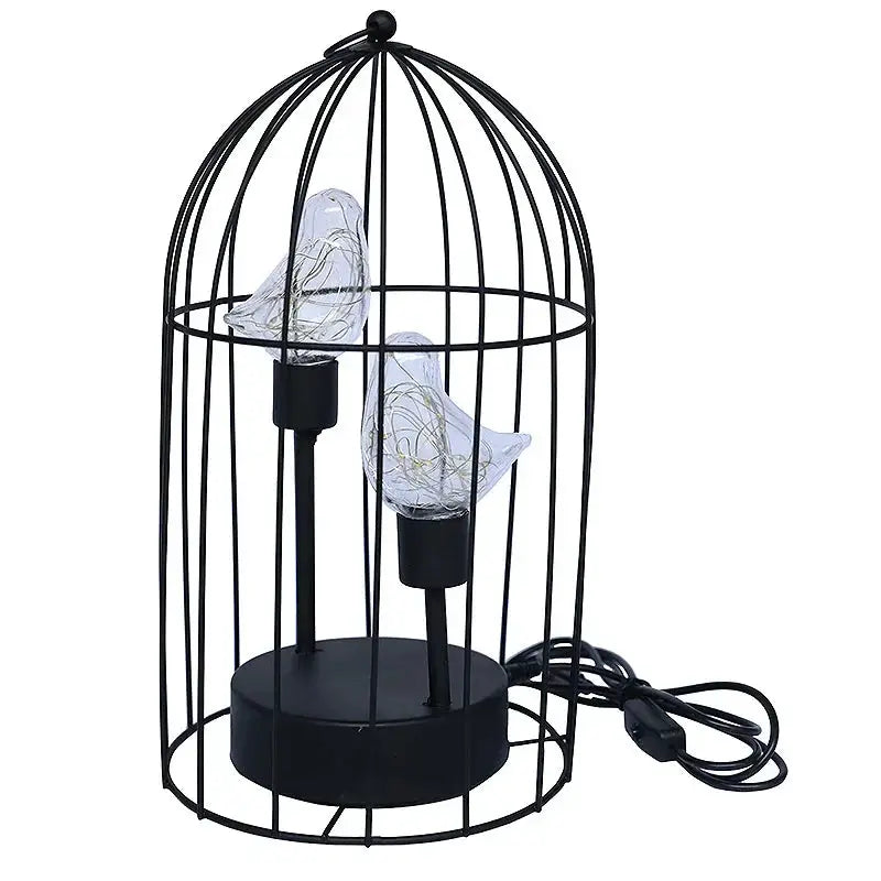 Moktan Sabai Birdcage Table Lamp with wire bird accents black cage, warm white fairy lights on Tampa Home & Garden Store