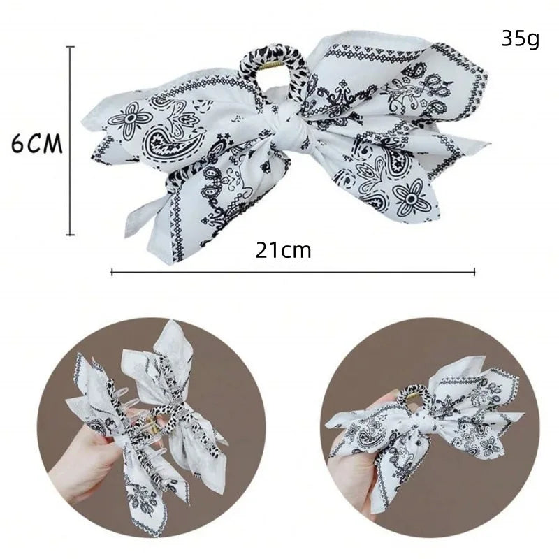 Double-sided bandana bow hair clip white with black paisley butterfly knot 21cm Silcy Skin on Tampa Home & Garden Store