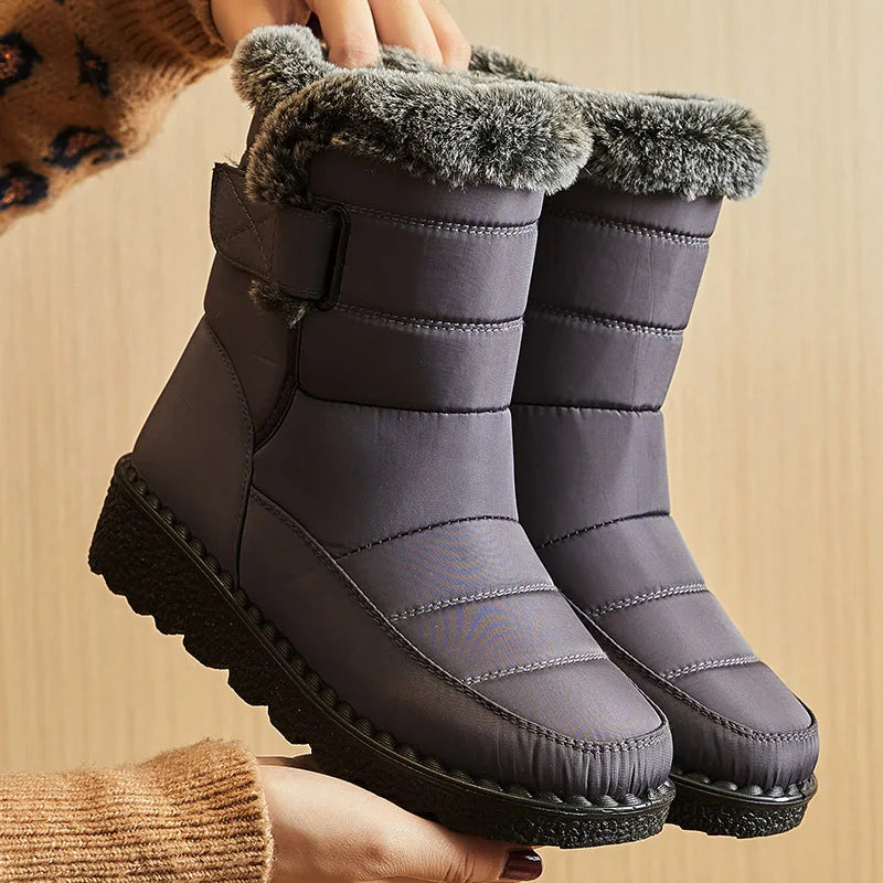 Women's waterproof winter boots UpTrend Deals, gray quilted with plush fur trim, pair on Tampa Home & Garden Store
