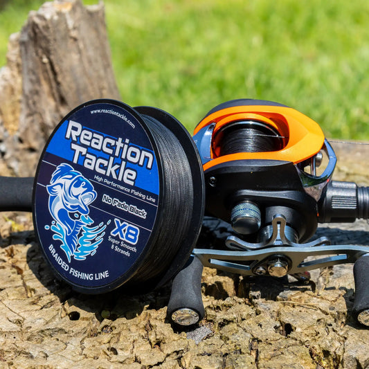 Reaction Tackle X8 braided fishing line No Fade black 8βstrand on blue spool with orange reel on Tampa Home & Garden Store