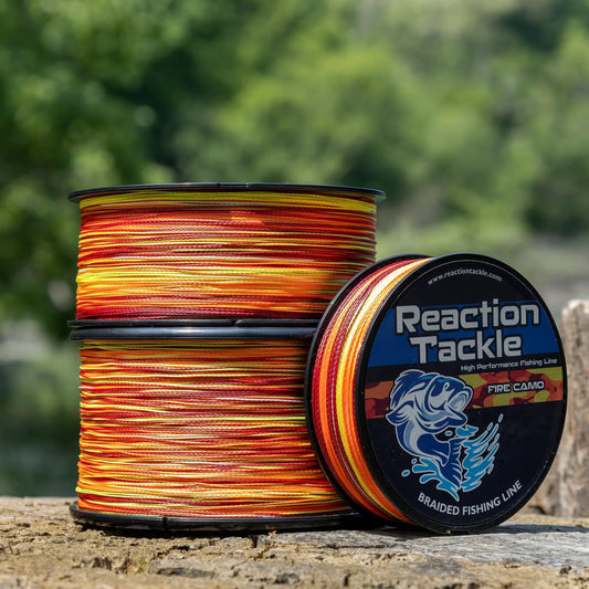 Reaction Tackle Braided Fishing Line Fire Camo on 2 bright spools with orange red gradient on Tampa Home & Garden Store