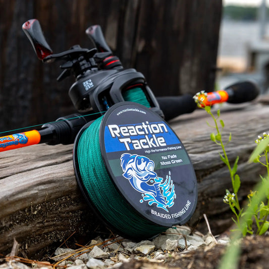 Reaction Tackle Braided Fishing Line Moss Green spool with brand logo on Tampa Home & Garden Store