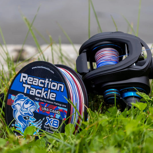 Reaction Tackle X8 braided fishing line USA Camo on a gray spinning reel on Tampa Home & Garden Store