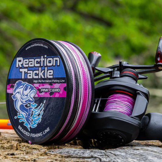Reaction Tackle braided fishing line pink camo on reel on Tampa Home & Garden Store