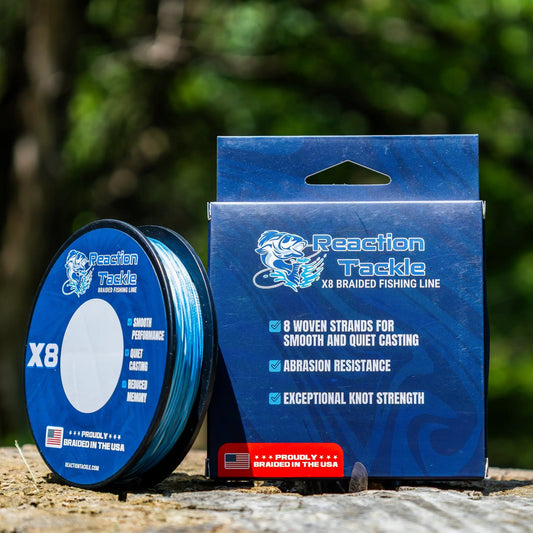 Reaction Tackle 8X braided fishing line blue packaging 3-piece set USA made on Tampa Home & Garden Store