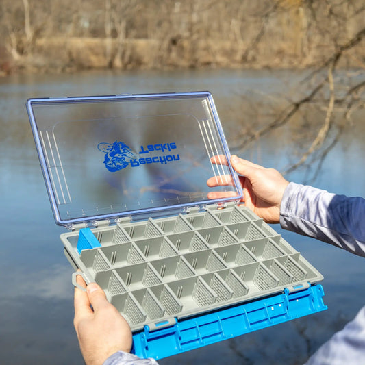 Reaction Tackle Ultra Elite Tray set of 4 grey tackle trays in blue rack on Tampa Home & Garden Store