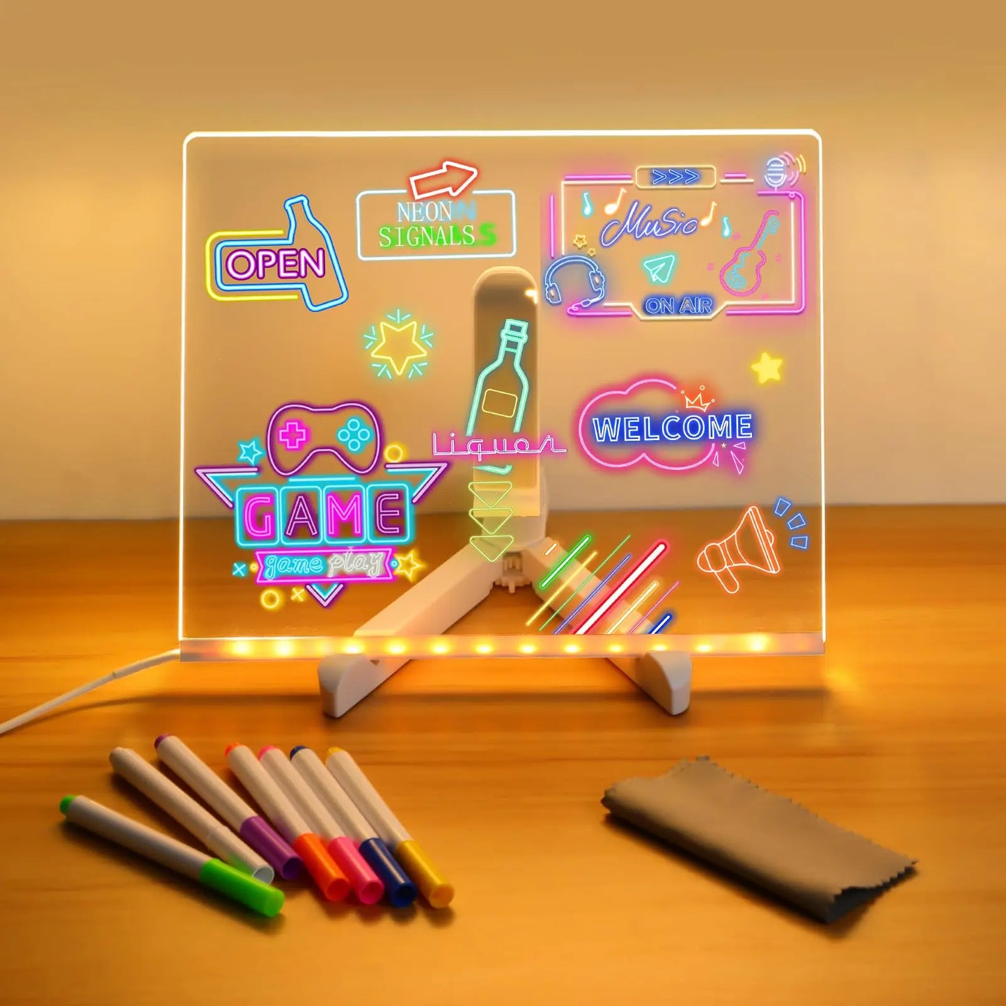 LED Kids Message Board neon drawing panel with colorful pens and stand on Tampa Home & Garden Store