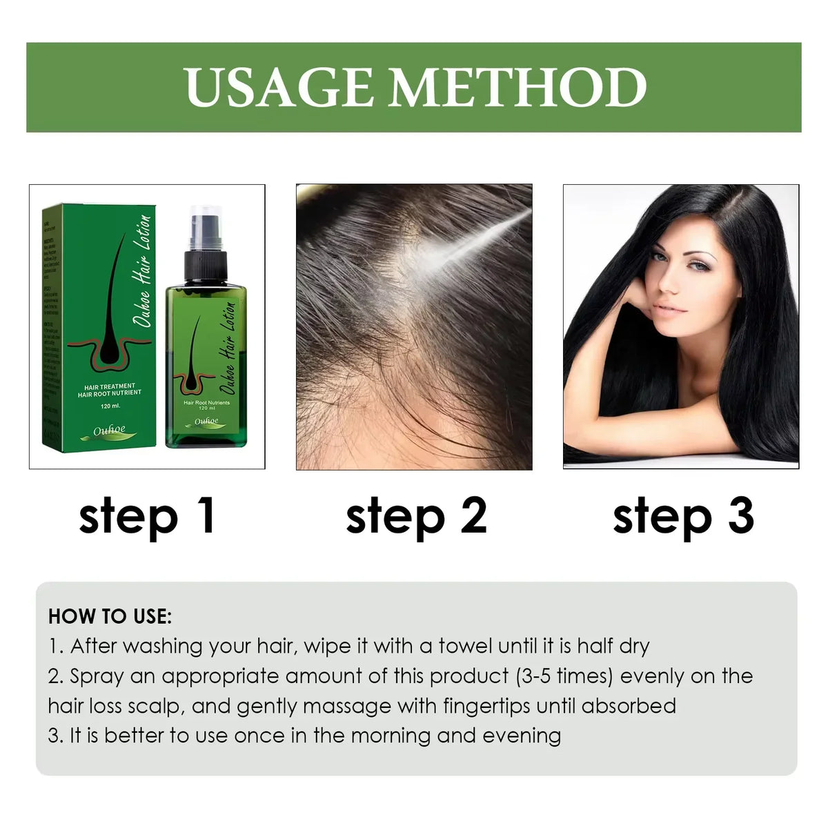 Silcy Skin hair growth spray bottle in green packaging with scalp closeup and black hair model on Tampa Home & Garden Store