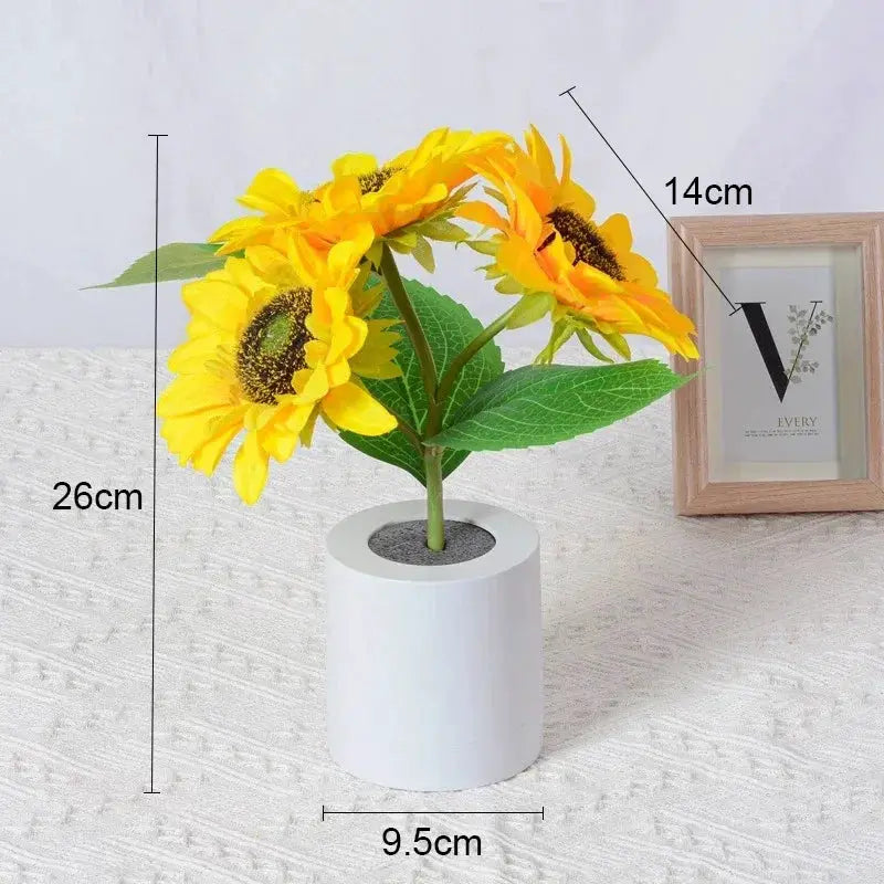 Sunflower Night Light Table Lamp with 3 LED, white cylindrical base and yellow bloom decor on Tampa Home & Garden Store