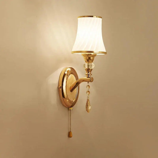 Nordic LED wall sconce with glass shade in gold finish, crystal accents, wall-mounted pull chain on Tampa Home & Garden Store