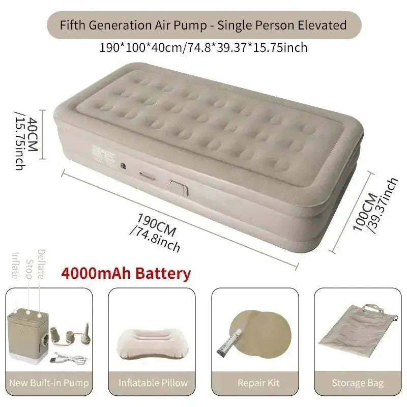 Moktan Sabai air mattress with built-in pump, beige, 4000mAh battery, includes pillow on Tampa Home & Garden Store