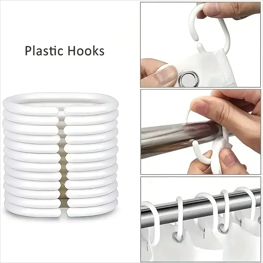 4-piece waterproof shower curtain set with white plastic hooks on a metal rod on Tampa Home & Garden Store