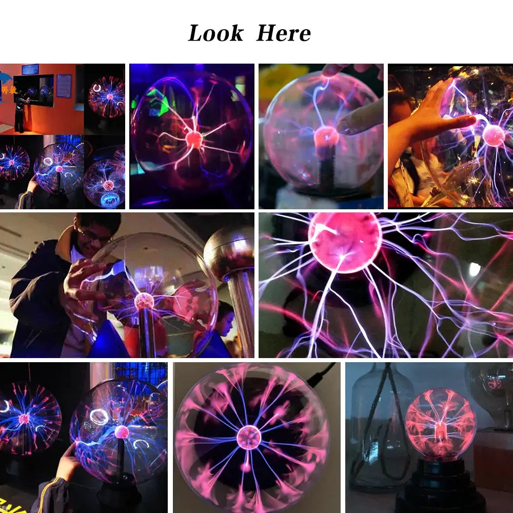 Magic Crystal Plasma Ball Lamp LED Night Light collage with glowing pink purple plasma filaments on Tampa Home & Garden Store