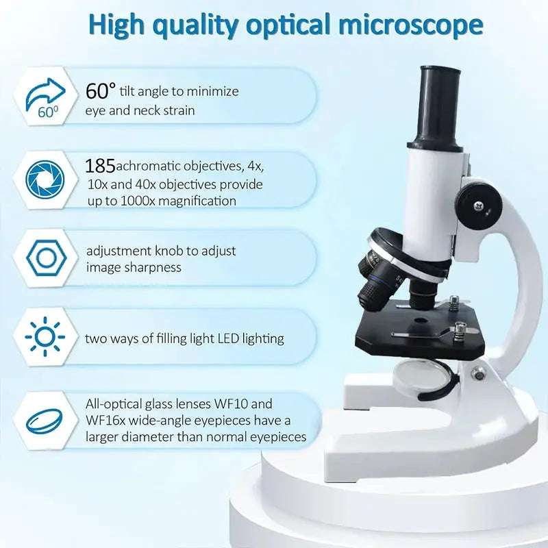 40Xโ2000X optical microscope with LED illumination, white frame for kids and adults on Tampa Home & Garden Store