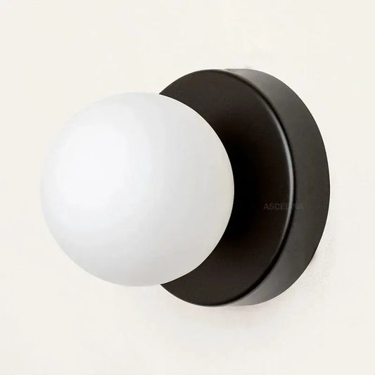 Nordic Glass LED Orb Wall Lamp Sconce with white frosted globe on black round backplate on Tampa Home & Garden Store