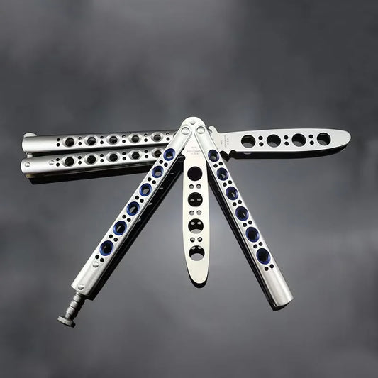 Stainless steel butterfly knife trainer with drilled holes and blue accents by FLIPSTYLEZLLC on Tampa Home & Garden Store
