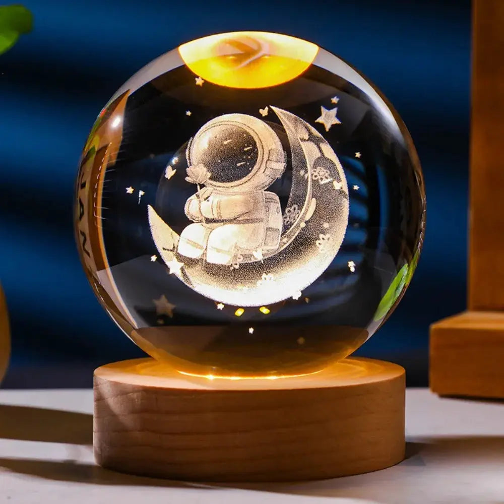 3D Axolotl Crystal Ball Night Light LED Lamp clear glass globe on wooden base warm glow on Tampa Home & Garden Store