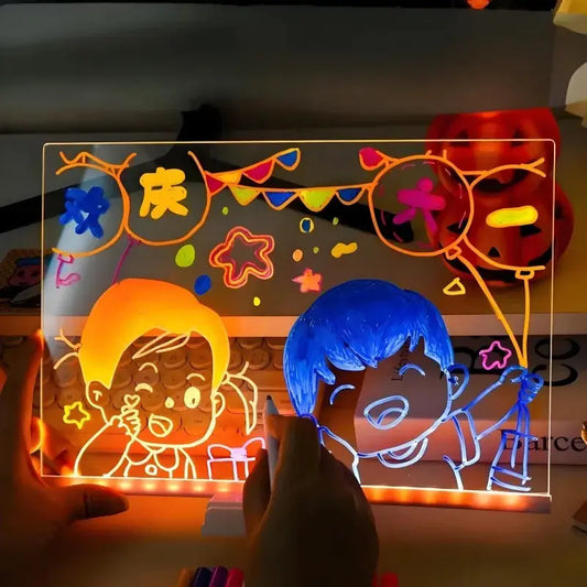 LED message board toy drawing tablet with 7 colored pens in neon art on clear acrylic on Tampa Home & Garden Store