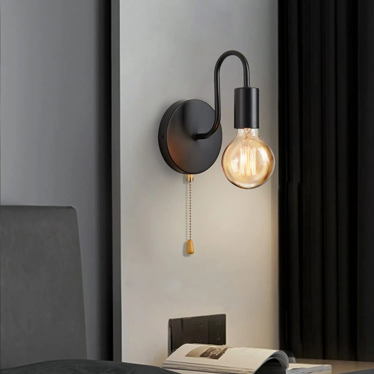 Industrial black wall sconce with curved arm, Nordic E27 lamp and pull chain Moktan Sabai on Tampa Home & Garden Store