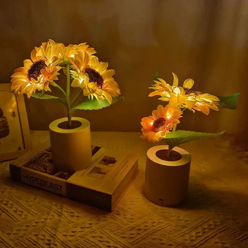 Sunflower LED night light pair with USB rechargeables for warm bedside decor on Tampa Home & Garden Store