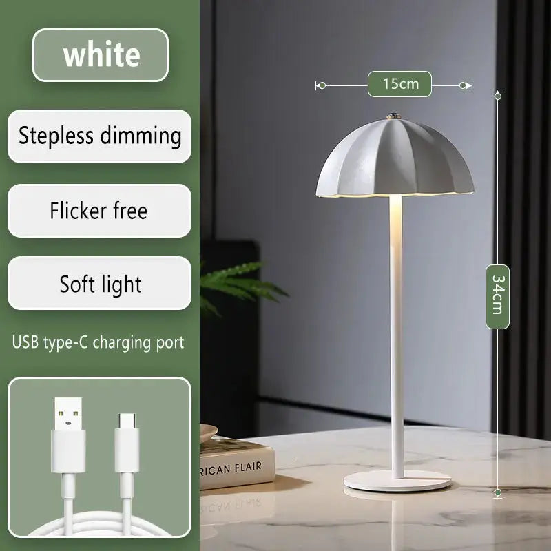 White LED metal desk lamp with umbrella shade, rechargeable touch dimmable, USB-C charging on Tampa Home & Garden Store