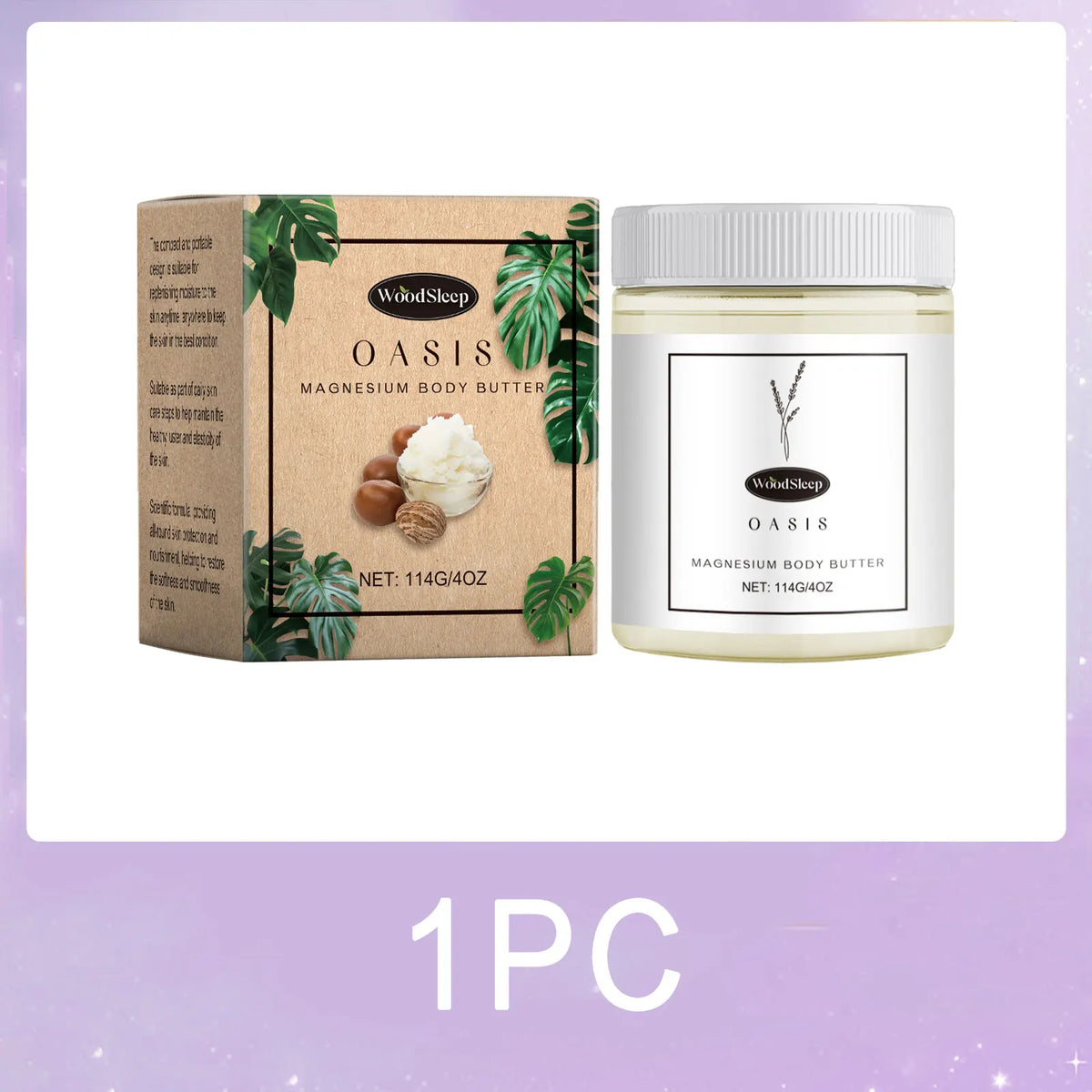 WoodSleep Oasis magnesium body butter 2-piece set: box and jar with leaves, 114g/4oz on Tampa Home & Garden Store