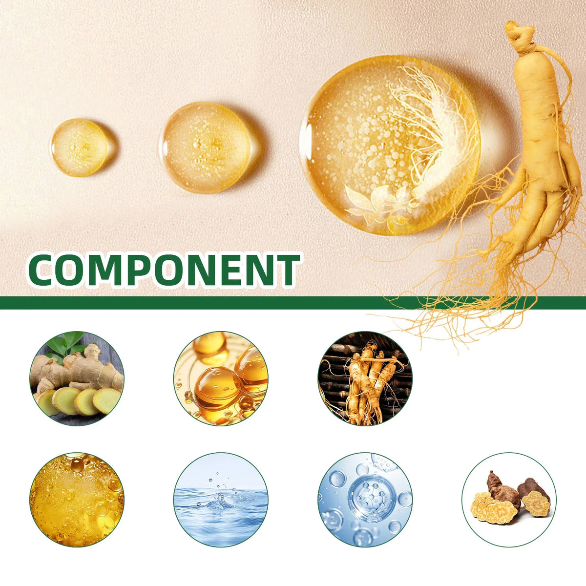 Ginseng hair serum ingredients image showing root, honey, ginger and turmeric by Silcy Skin on Tampa Home & Garden Store