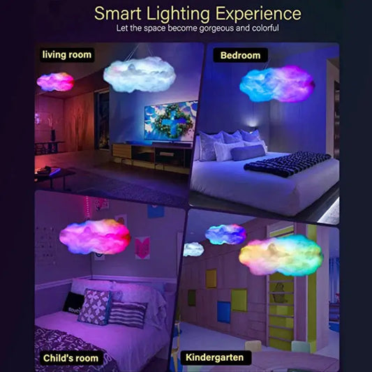 3D Cloud LED Lamp Multicolor USB Music Sync night light; four room scenes shown on Tampa Home & Garden Store