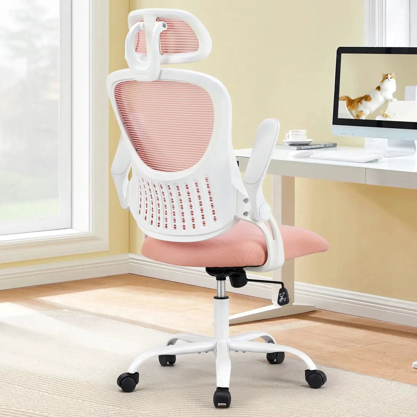 Moktan Sabai mesh ergonomic office chair with flip-up arms and headrest, pink mesh back on Tampa Home & Garden Store