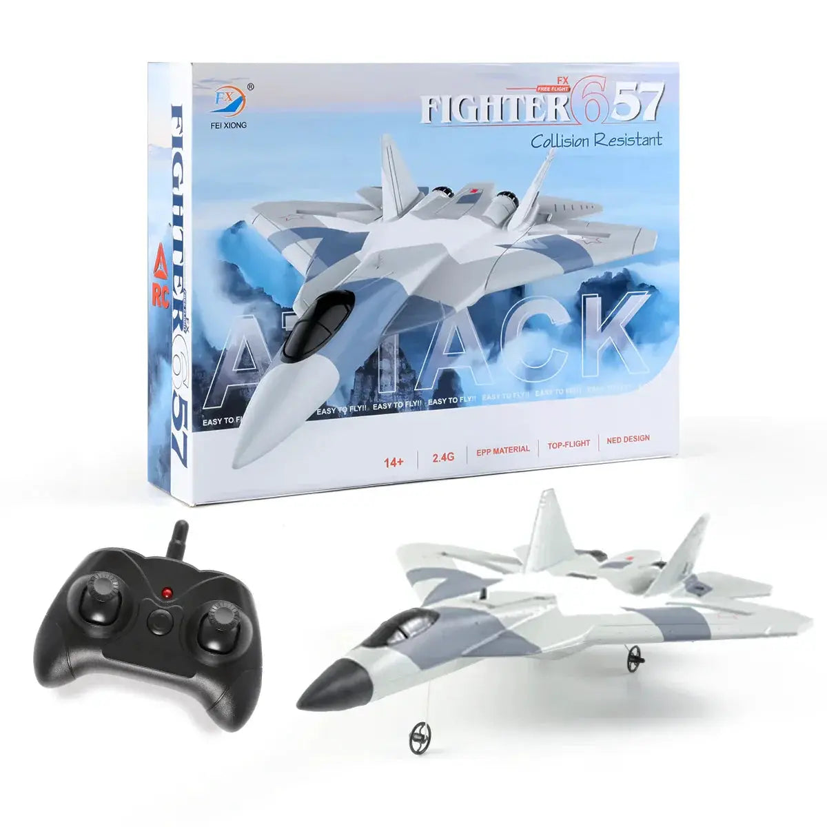 Kids RC Airplane 2.4GHz Fighter Jet Glider in white/gray with black remote controller on Tampa Home & Garden Store