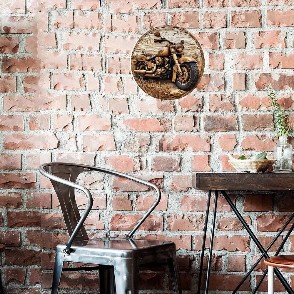 Round faux wooden carved painted wreath sign with motorcycle motif, rustic tones, BikerZoneZ on Tampa Home & Garden Store