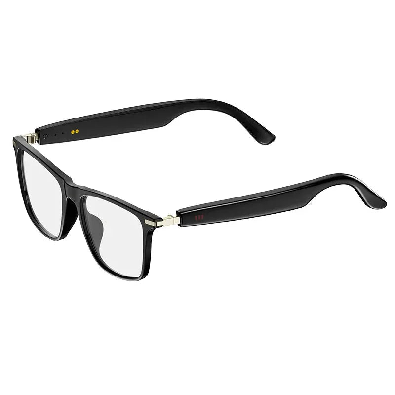 Bluetooth smart glasses black frame with grey anti-UV lenses and gold hinges on Tampa Home & Garden Store