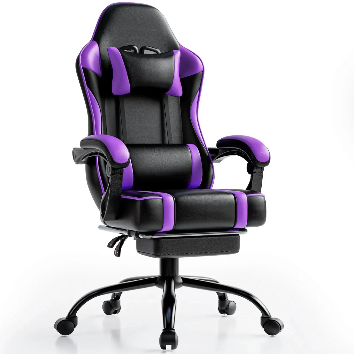 Gaming chair with footrest in black PU leather and purple accents on a wheeled base on Tampa Home & Garden Store