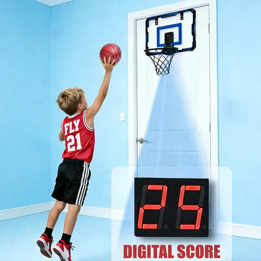 Wall-mounted basketball hoop with blue frame and red digital scoreboard; training toy on Tampa Home & Garden Store
