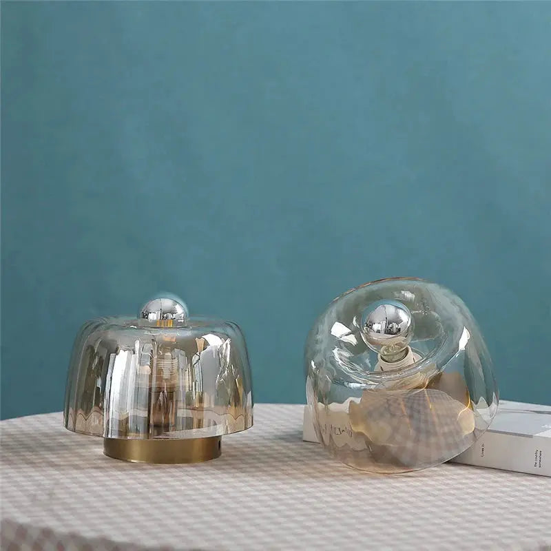 Led Bauhaus Glass Wall Lamp Moktan Sabai; two smoky glass dome lamps with chrome ball finials on Tampa Home & Garden Store