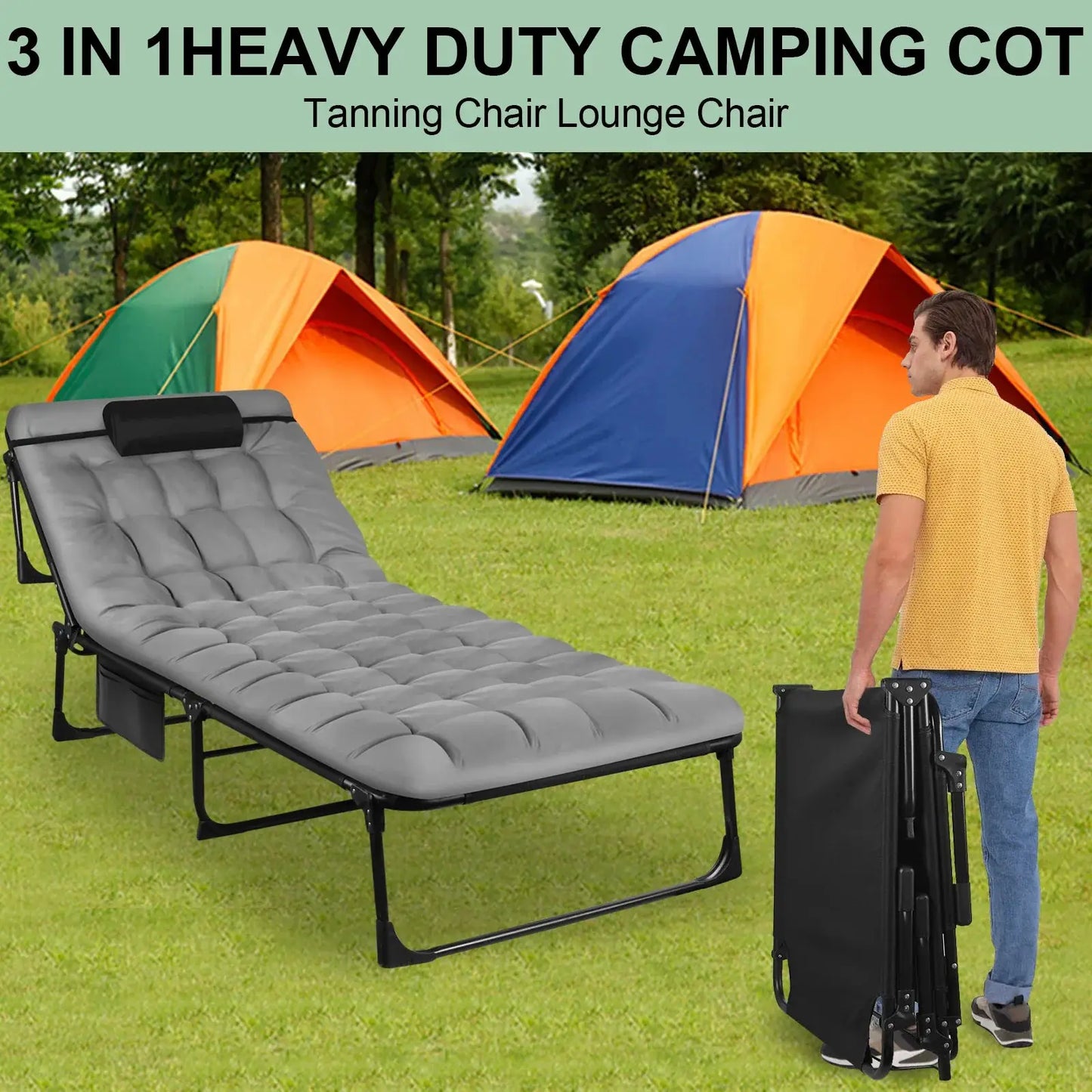 Folding camping cot Moktan Sabai with adjustable recline, gray cushioned cot on metal frame on Tampa Home & Garden Store