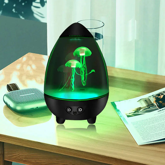 LED Jellyfish Lamp RGB mood light with glass dome green jellyfish glow on black base by Moktan Sabai on Tampa Home & Garden Store