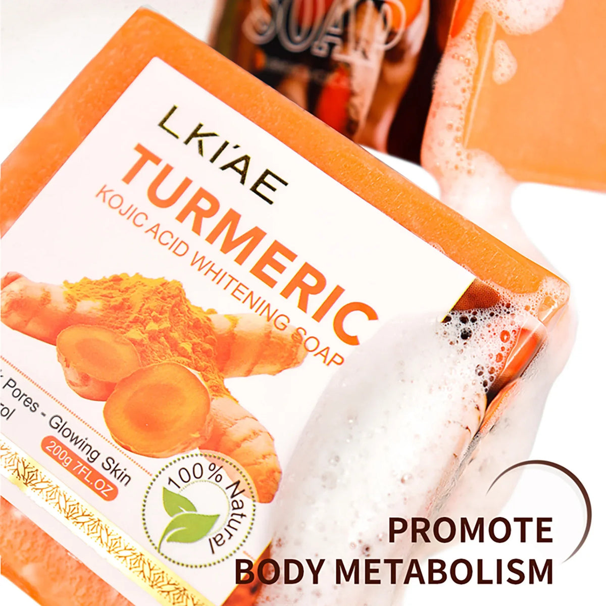 LKIAE Organic Turmeric Soap Bar Silcy Skin orange box Kojic Acid Whitening Soap 200g on Tampa Home & Garden Store